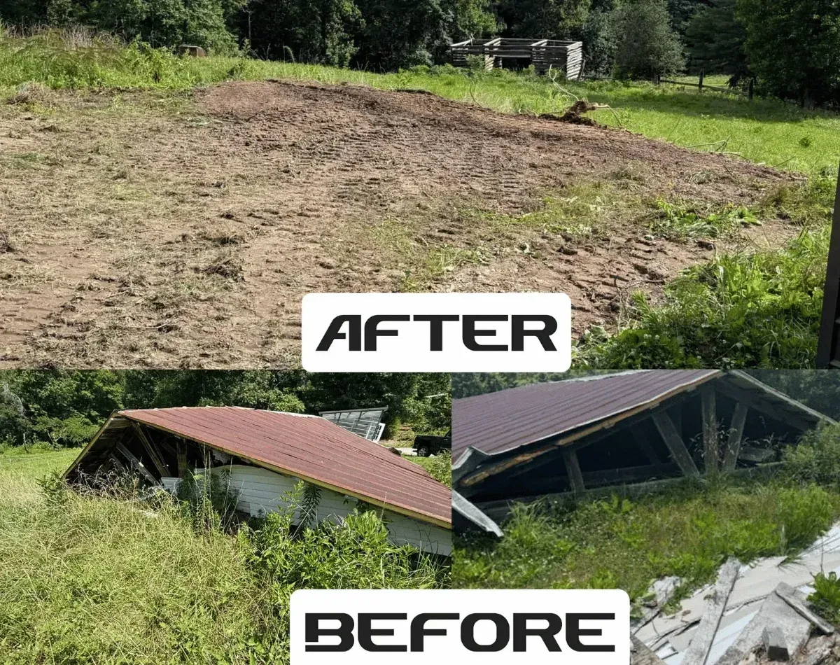 Before and after: collapsed metal-roof outbuilding removed, leaving a clear field