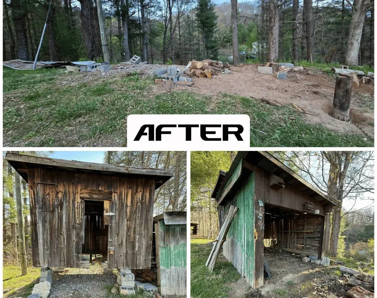 Before and after: two run-down wooden sheds removed and the ground cleared