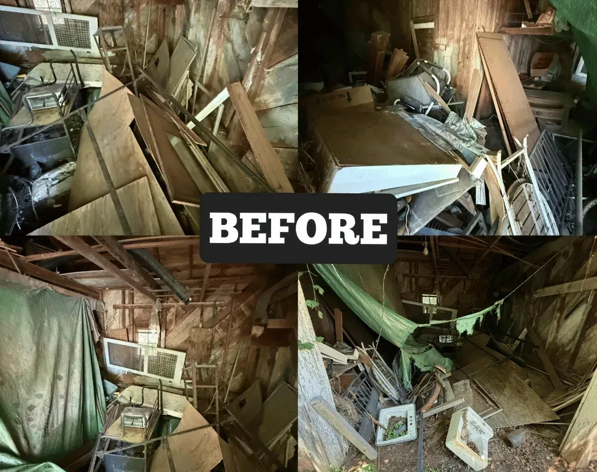 Before: barn packed with old furniture, appliances and debris