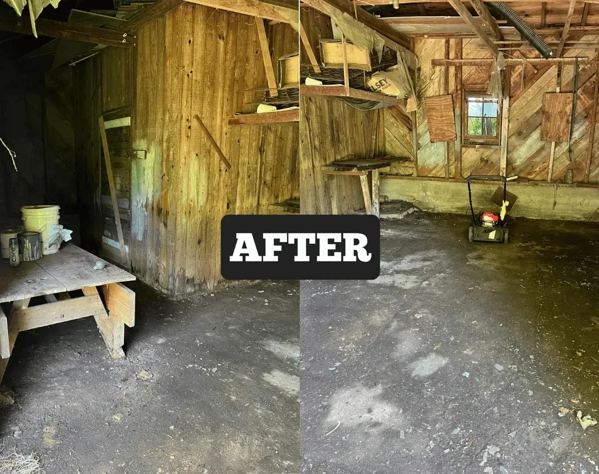 After: the same barn emptied and swept clean