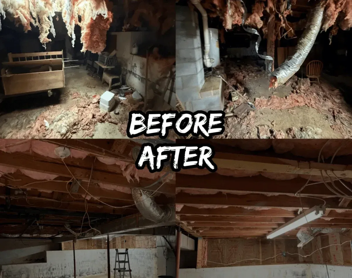 Before and after: crawl space cleared of fallen insulation and debris