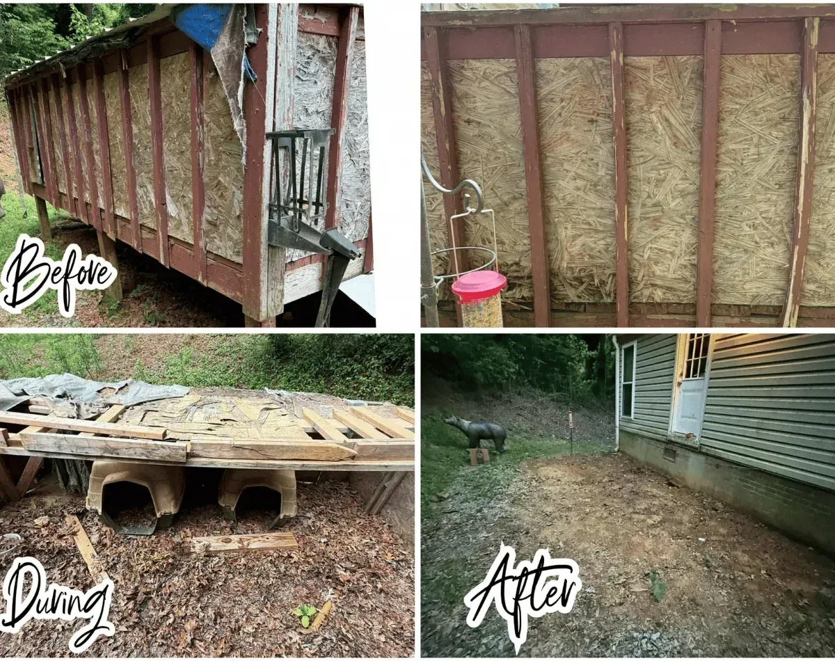 Before, during and after: small outbuilding torn down and the site cleared beside a house